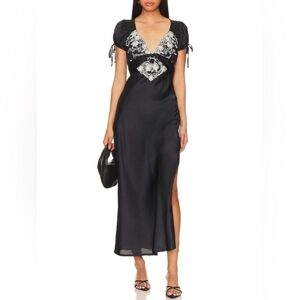 Free People Black Satin Cooper Maxi Dress Size 2 NWT Fairy Whimsical Embroidered
